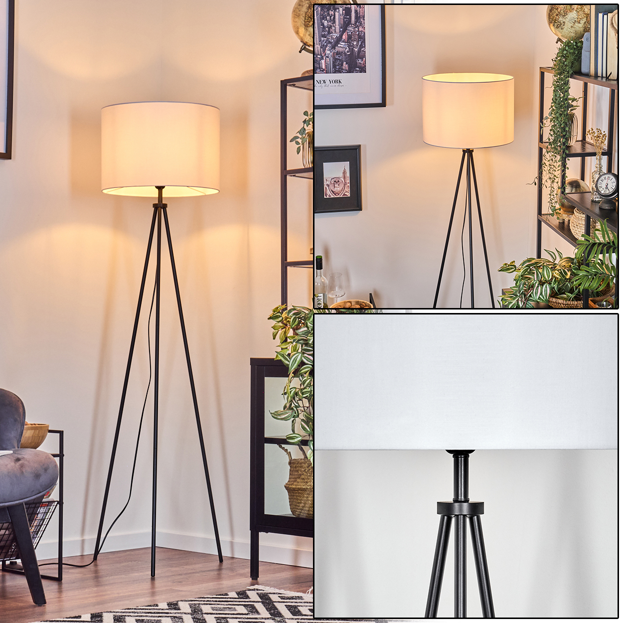 Eine schwarze Stativ-Stehlampe mit weißem Lampenschirm steht in einem Raum. Dahinter befindet sich ein Regal mit Pflanzen und Dekoration.