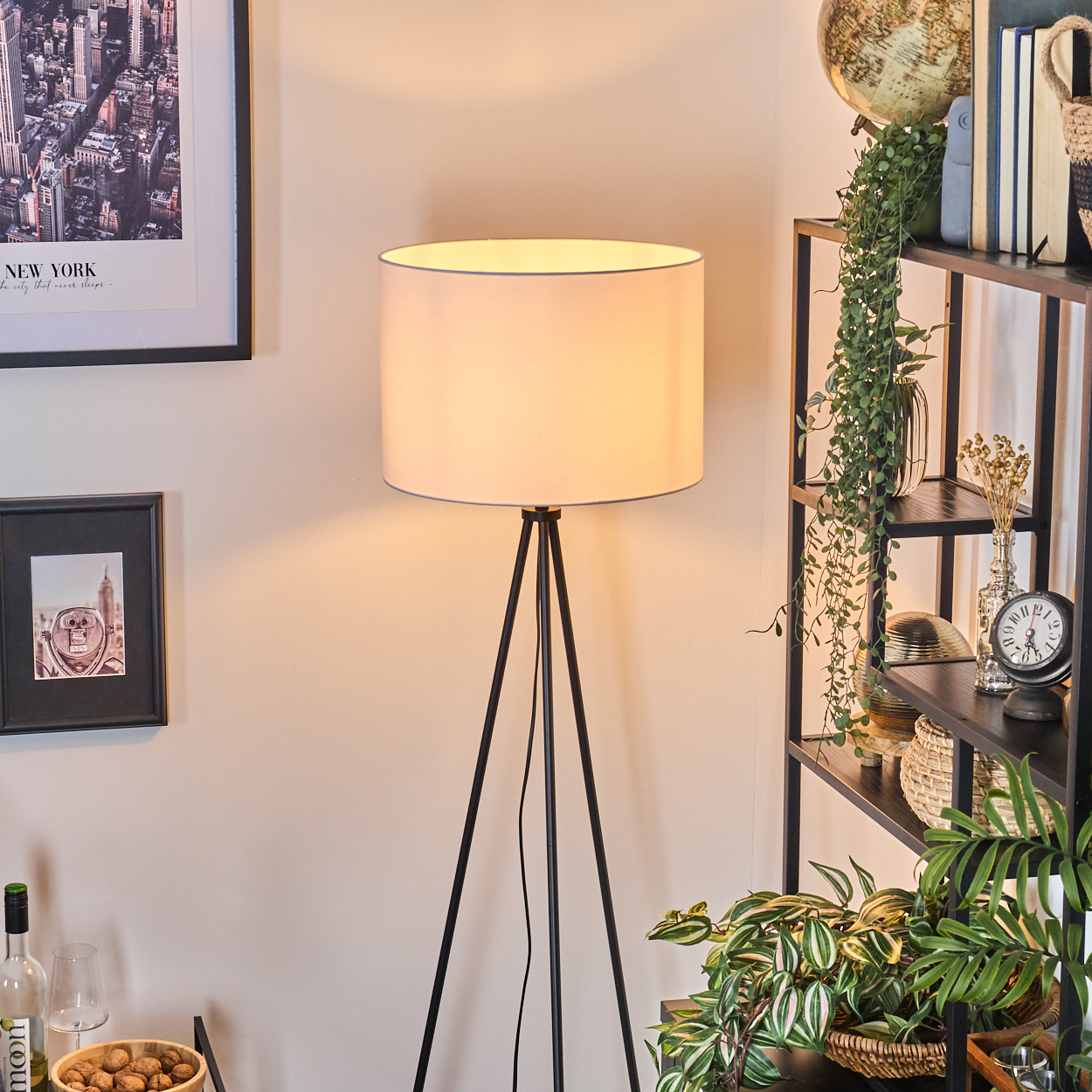 Eine beleuchtete Stehlampe mit weißem Lampenschirm steht vor einem Regal mit Dekoration und Pflanzen. Bilder hängen an der Wand.