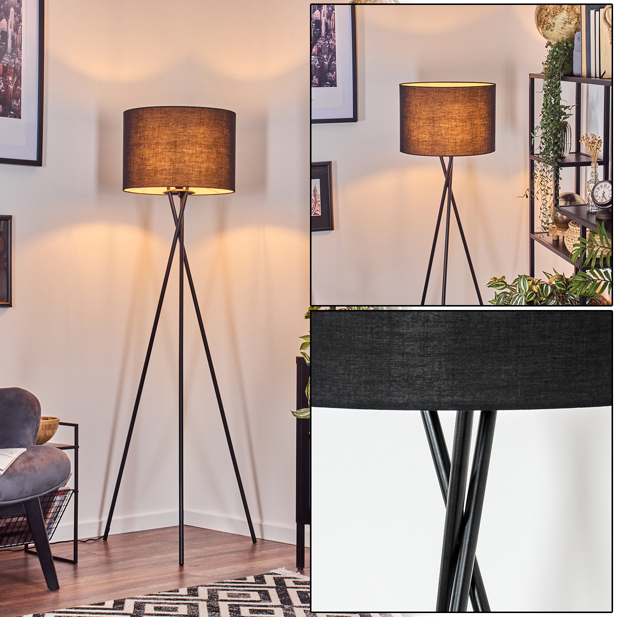 Eine schwarze Stehlampe mit Stativfuß und zylindrischem Schirm. Die Lampe steht auf einem Holzboden, im Vordergrund ein gemusterter Teppich.