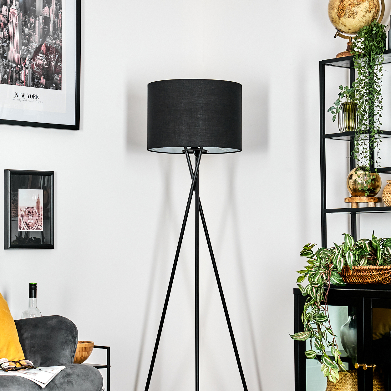 Eine schwarze Stehlampe steht vor einer weißen Wand. Rechts ein Regal mit Deko und Pflanzen. Links ein gerahmtes Foto.