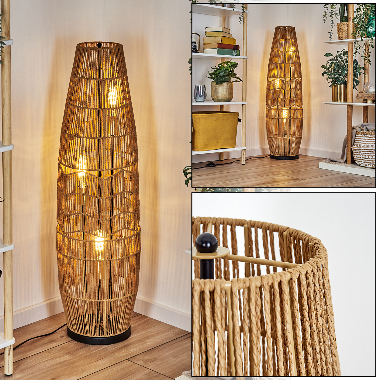Eine gewebte Stehlampe mit drei Lichtern steht in einem Raum mit weißen Regalen, die Pflanzen und Dekor halten. Die Lampe ist braun.