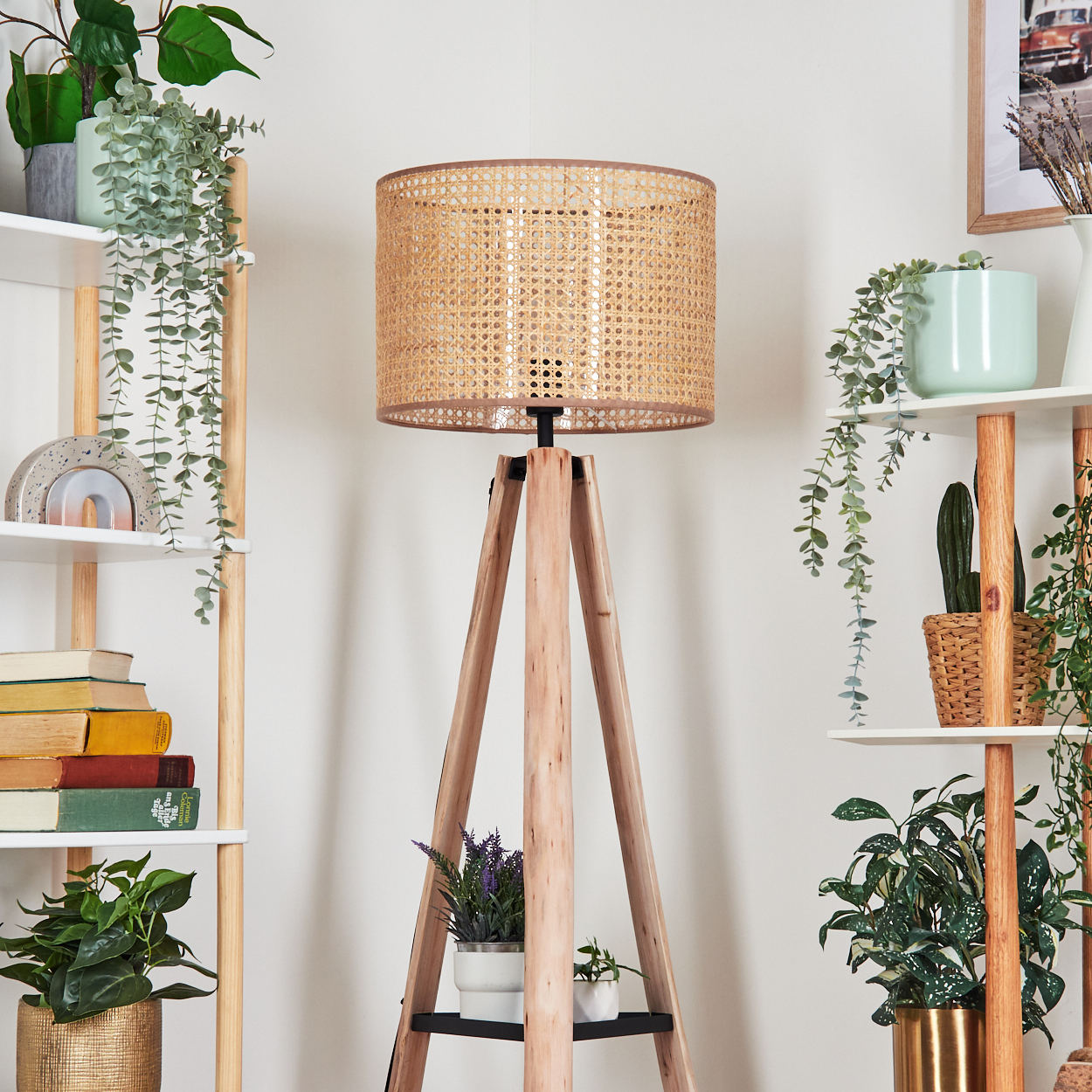 Eine Holz-Stativlampe mit gewebtem Schirm steht im Mittelpunkt. Regale mit Pflanzen umgeben sie. Bücher und Dekorationsstücke sind ebenfalls sichtbar.