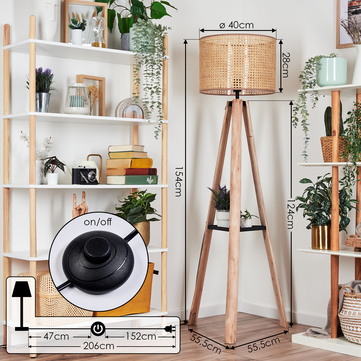 Ein Raum mit einer Stehlampe und einem Regal. Die Lampe hat einen Lampenschirm aus Rattan. Das Regal hat Pflanzen und Bücher.