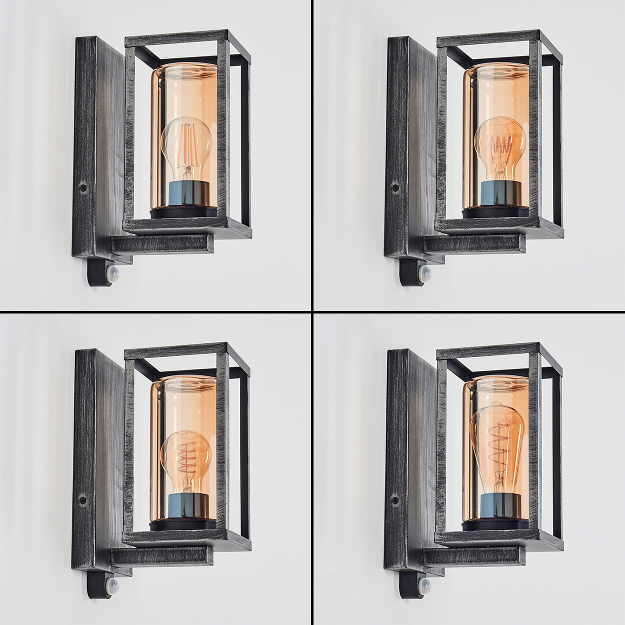 Vier Wandleuchten mit Metallrahmen und bernsteinfarbenem Glas. Jede enthält eine leuchtende Edison-Glühbirne vor weißem Hintergrund.