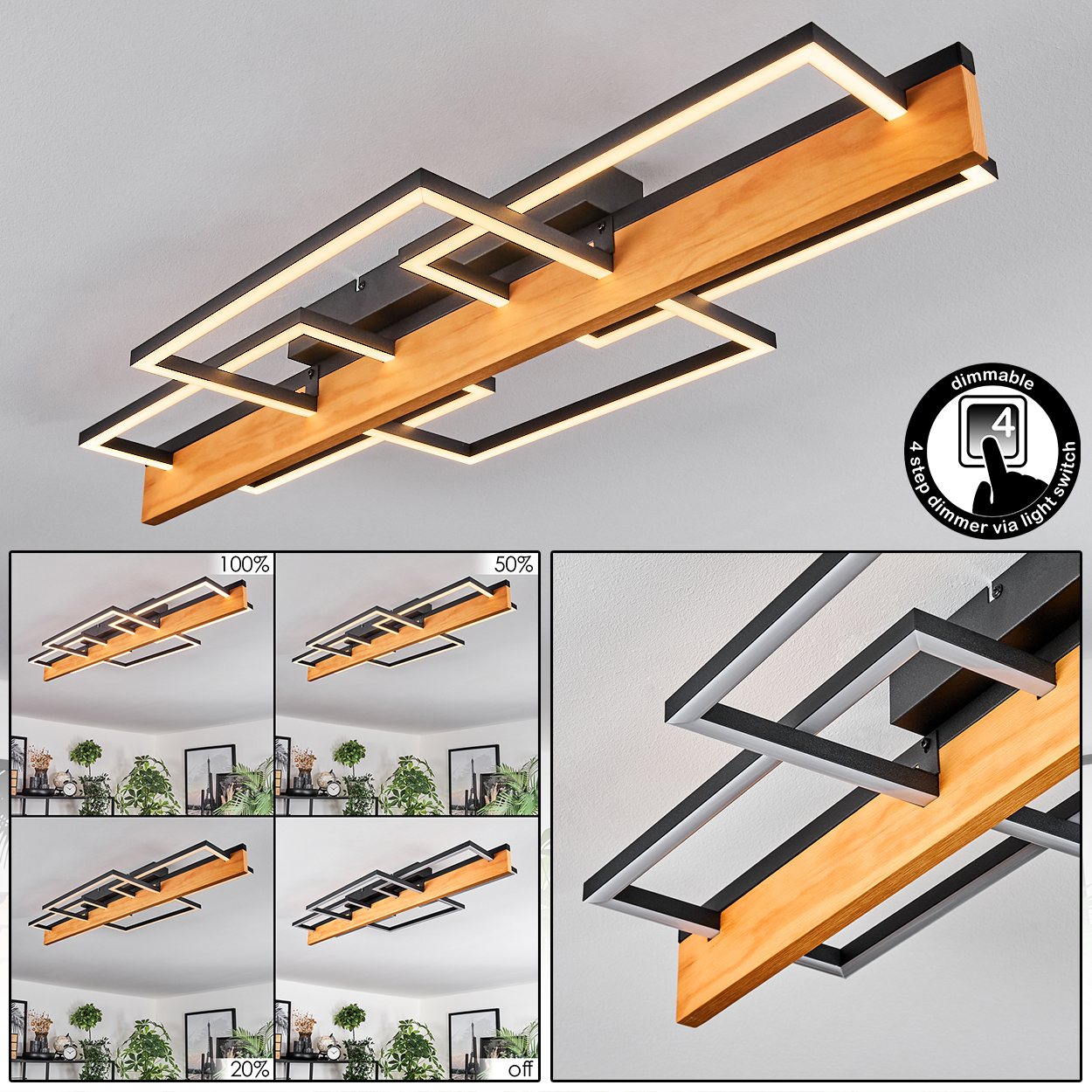 Moderne Deckenleuchte mit Holz- und Schwarzrahmen-Design. Das Licht hat Dimmoptionen und eine Reihe verschiedener Lichteinstellungen.
