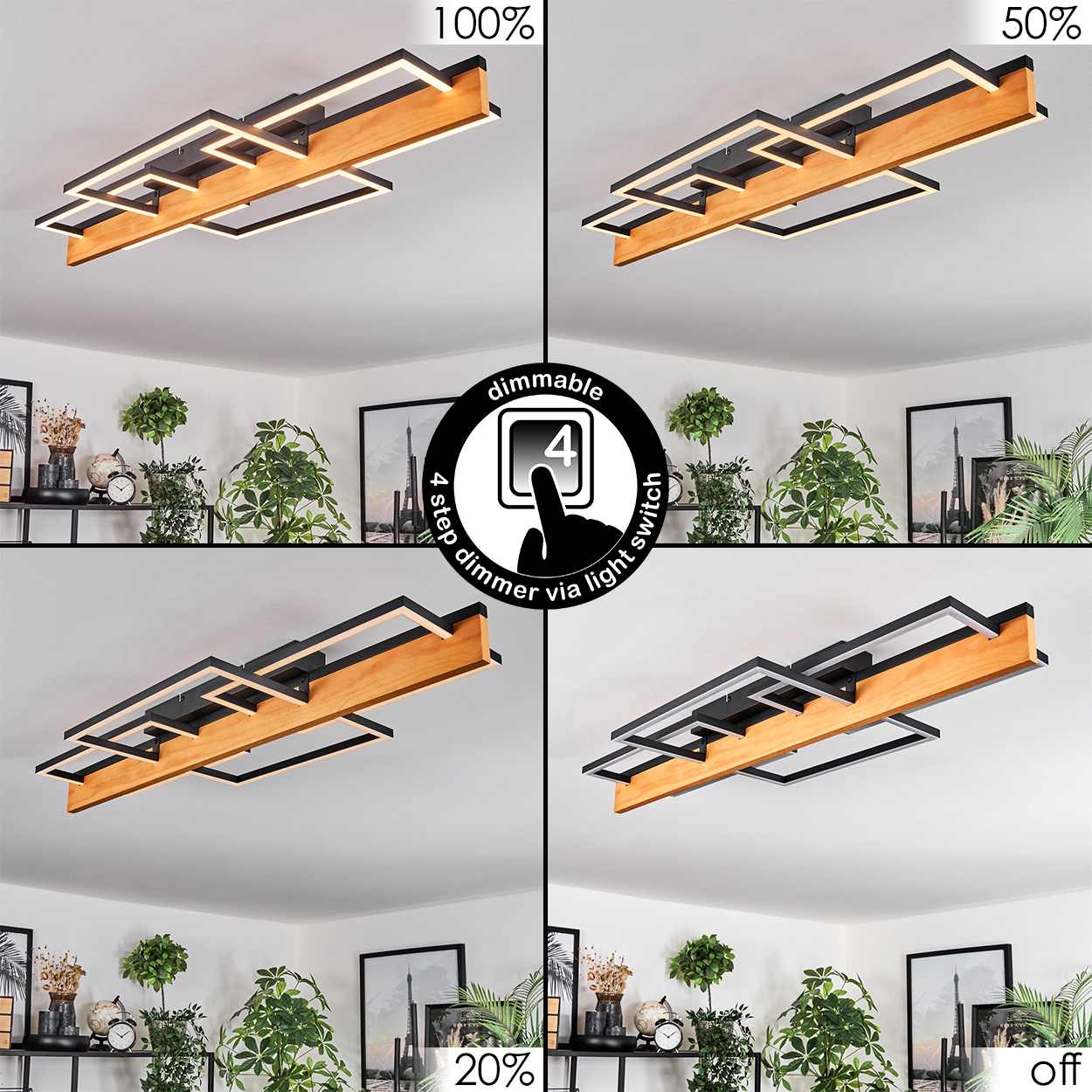 Eine Deckenleuchte mit Holz- und Schwarzmetalldesign, gezeigt bei 100%, 50%, 20% und aus. Sie hat einen 4-Stufen-Dimmer über den Lichtschalter.