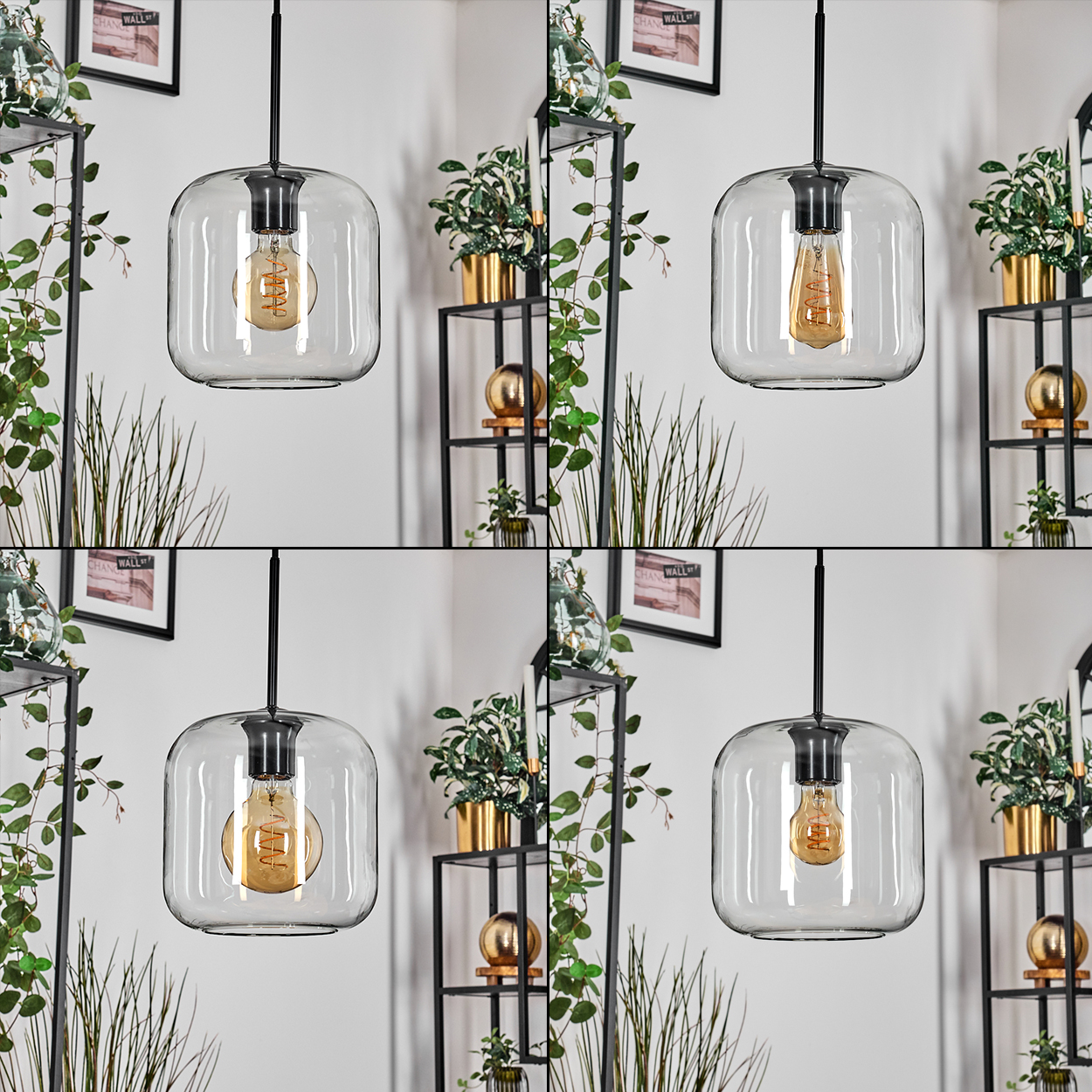 Eine klare Glas-Hängeleuchte mit sichtbarer Glühbirne hängt in einem Raum, der mit Pflanzen und Metallregalen dekoriert ist.
