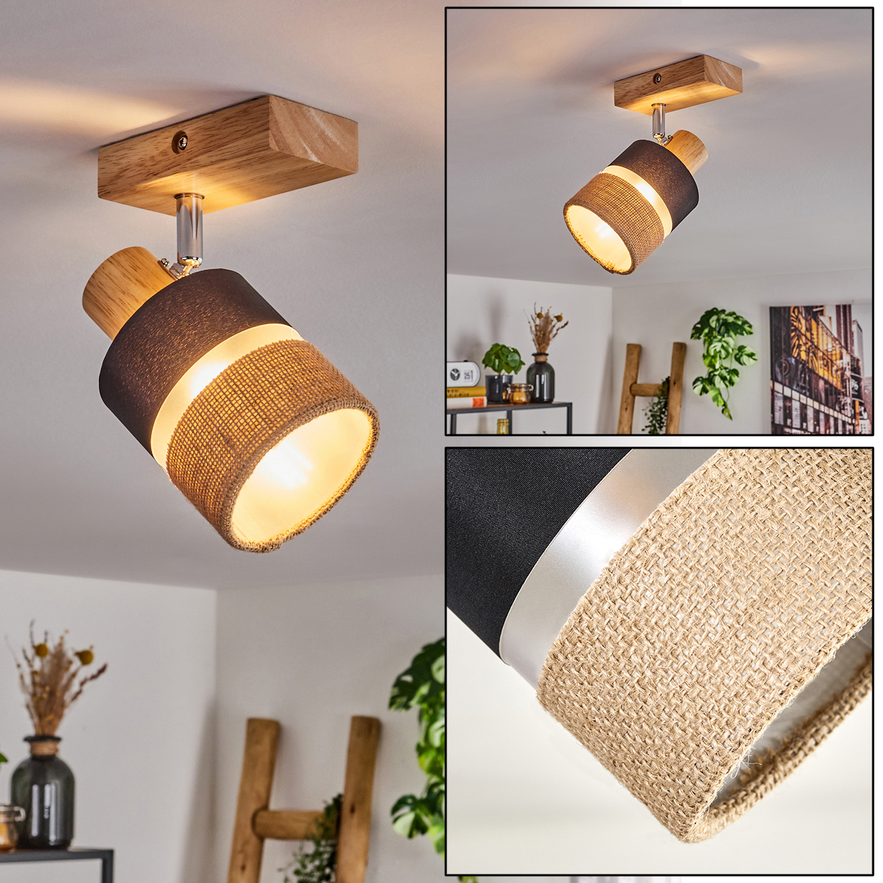 Ein Deckenstrahler mit Holzsockel. Die Lampe hat einen schwarzen Schirm, einen beigen Stoffstreifen und helles Licht.