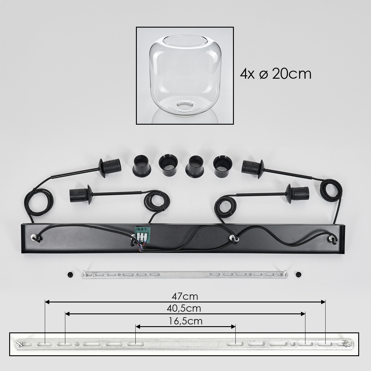Lampenkomponenten. Ein Glasschirm, Lampenfassungen, Metallstangen und Maße sind vor weißem Hintergrund gezeigt.