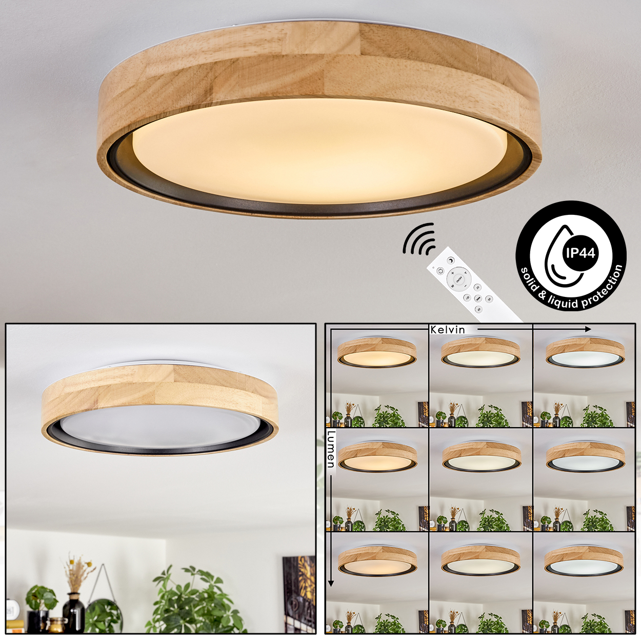 Eine runde Deckenlampe aus Holz mit weißem Diffusor. Eine Fernbedienung und ein Diagramm mit verschiedenen Lichteinstellungen sind ebenfalls sichtbar.