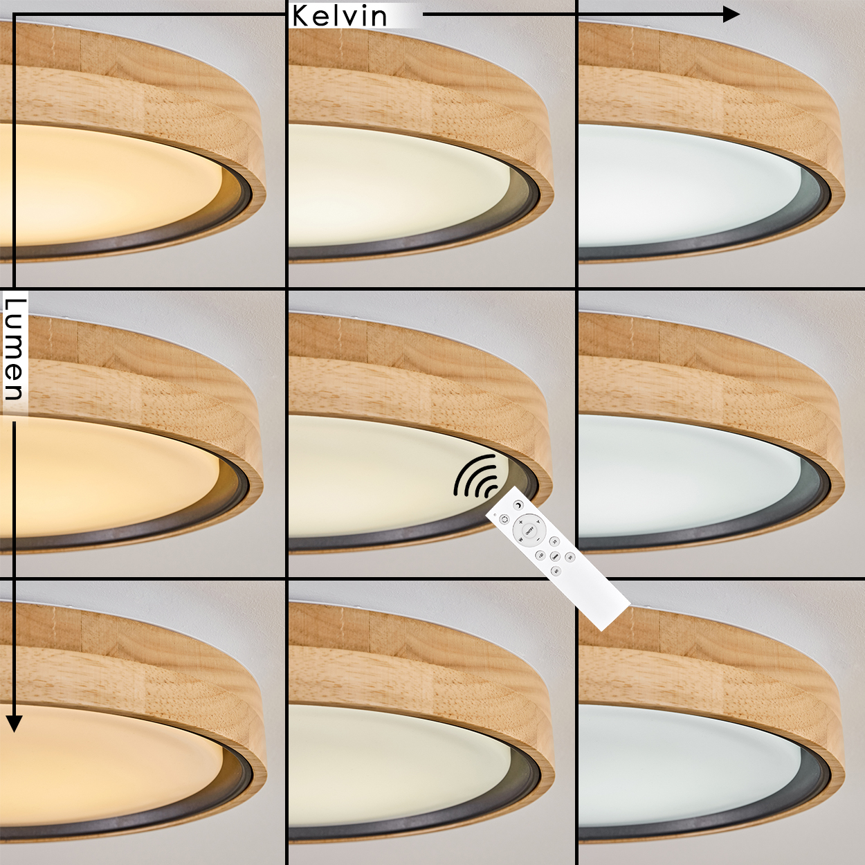 Neun Bilder zeigen eine Deckenleuchte mit Holzrahmen und variierenden Kelvin- und Lumen-Einstellungen, gesteuert durch eine Fernbedienung.