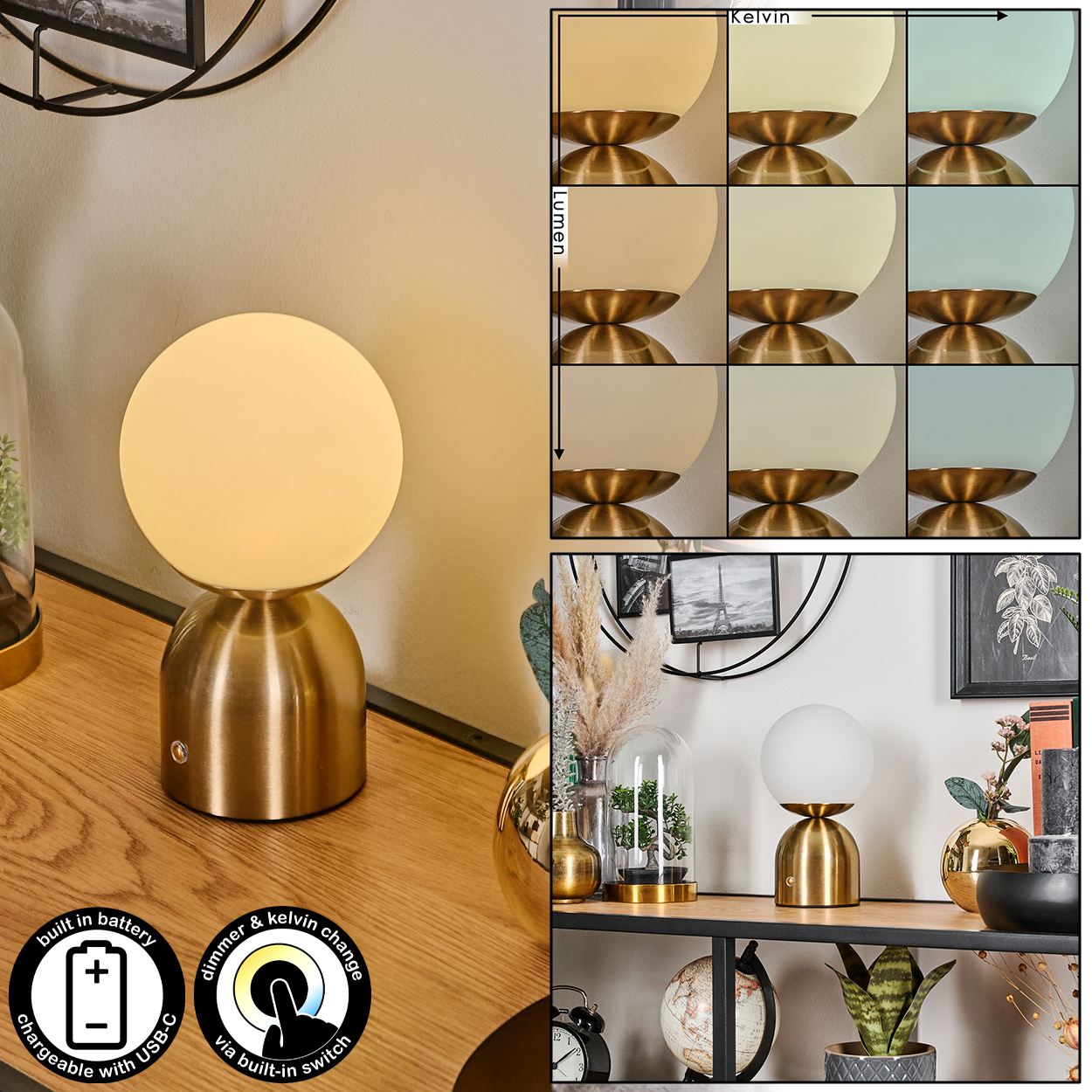 Eine goldene Lampe mit weißer Kugel steht auf einem Holzregal. Das Bild zeigt verschiedene Beleuchtungsoptionen und Funktionen, einschließlich eingebauter Batterie.