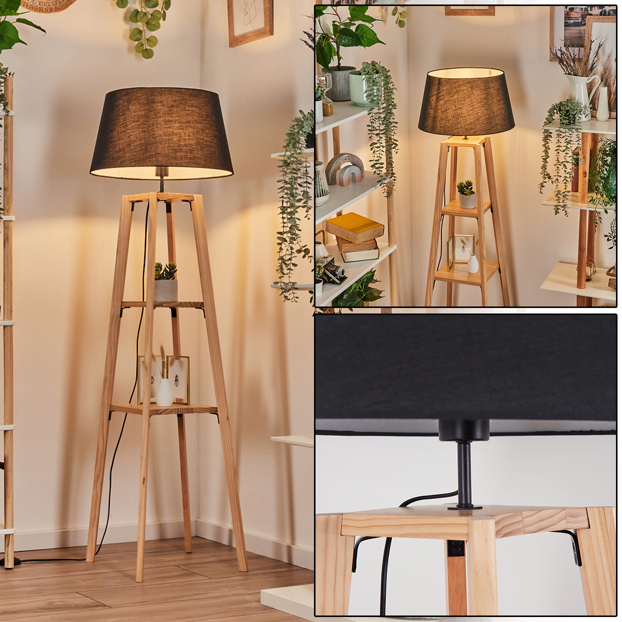 Eine Stehlampe aus Holz mit schwarzem Lampenschirm. Sie steht vor einer Wand, mit Regalen und Pflanzen im Hintergrund.