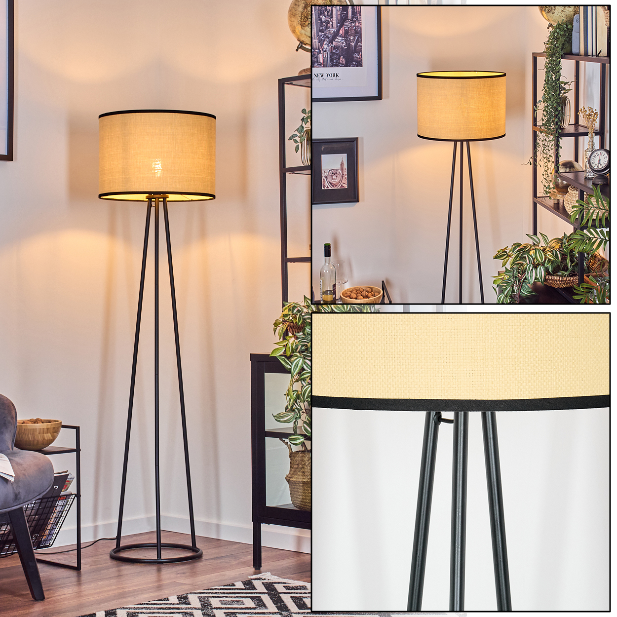 Eine Stehlampe mit beigem Lampenschirm und schwarzem Rahmen steht in einem Raum mit Regalen, Pflanzen und einem Teppich.