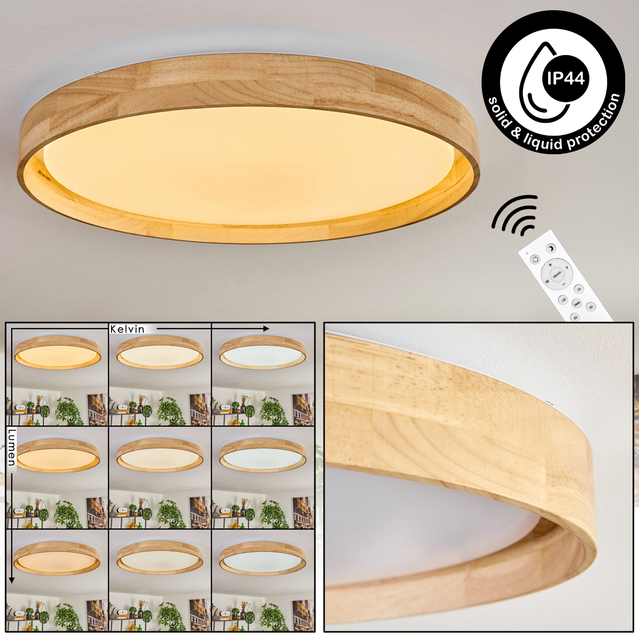 Eine Deckenlampe aus Holz mit einstellbaren Lichteinstellungen und Fernbedienung. Verschiedene Kelvin- und Lumen-Optionen werden angezeigt.