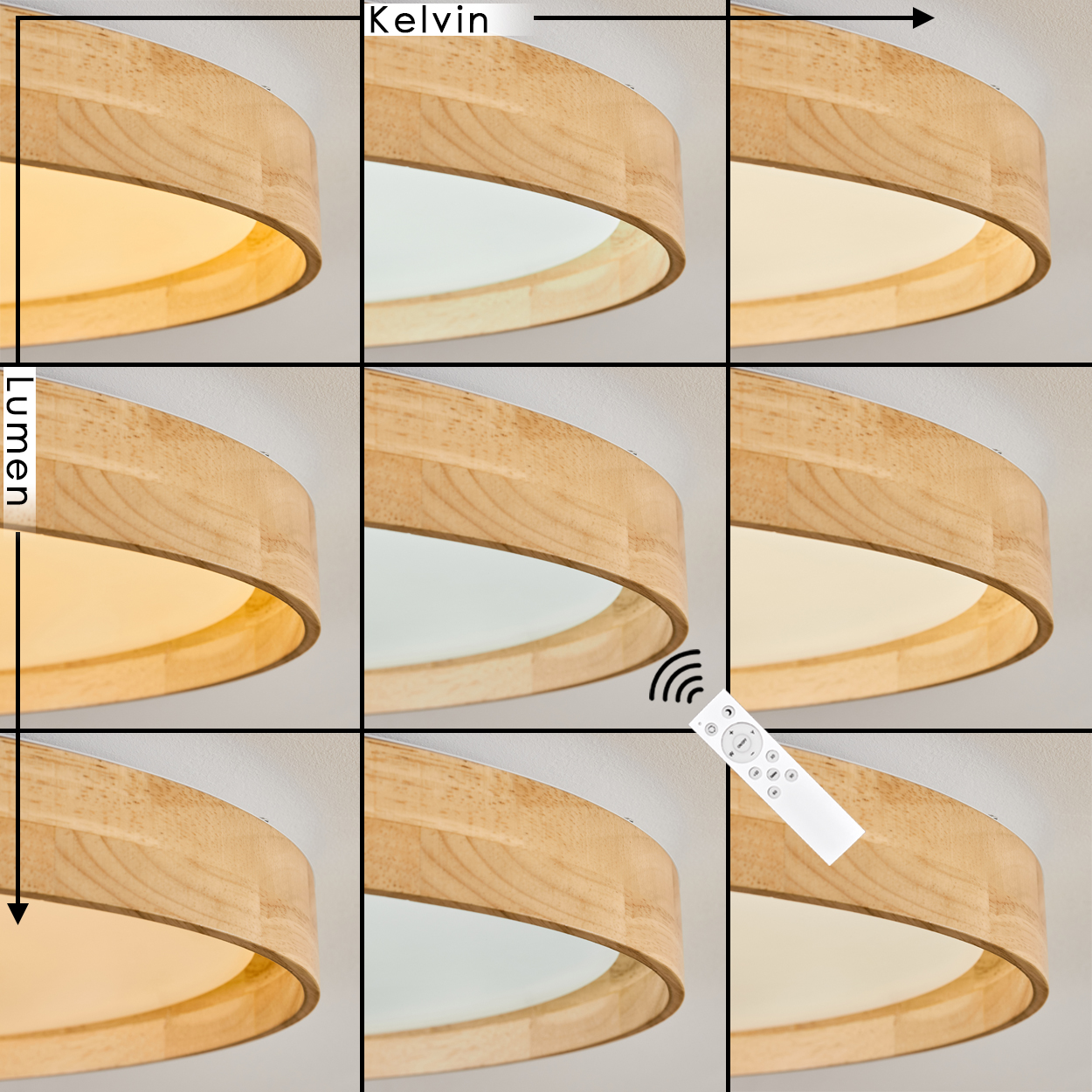 Neun Leuchten mit Holzrahmen und weißen Unterseiten, die verschiedene Lichtintensitäten und Farbtemperaturen demonstrieren. Eine Fernbedienung ist ebenfalls vorhanden.