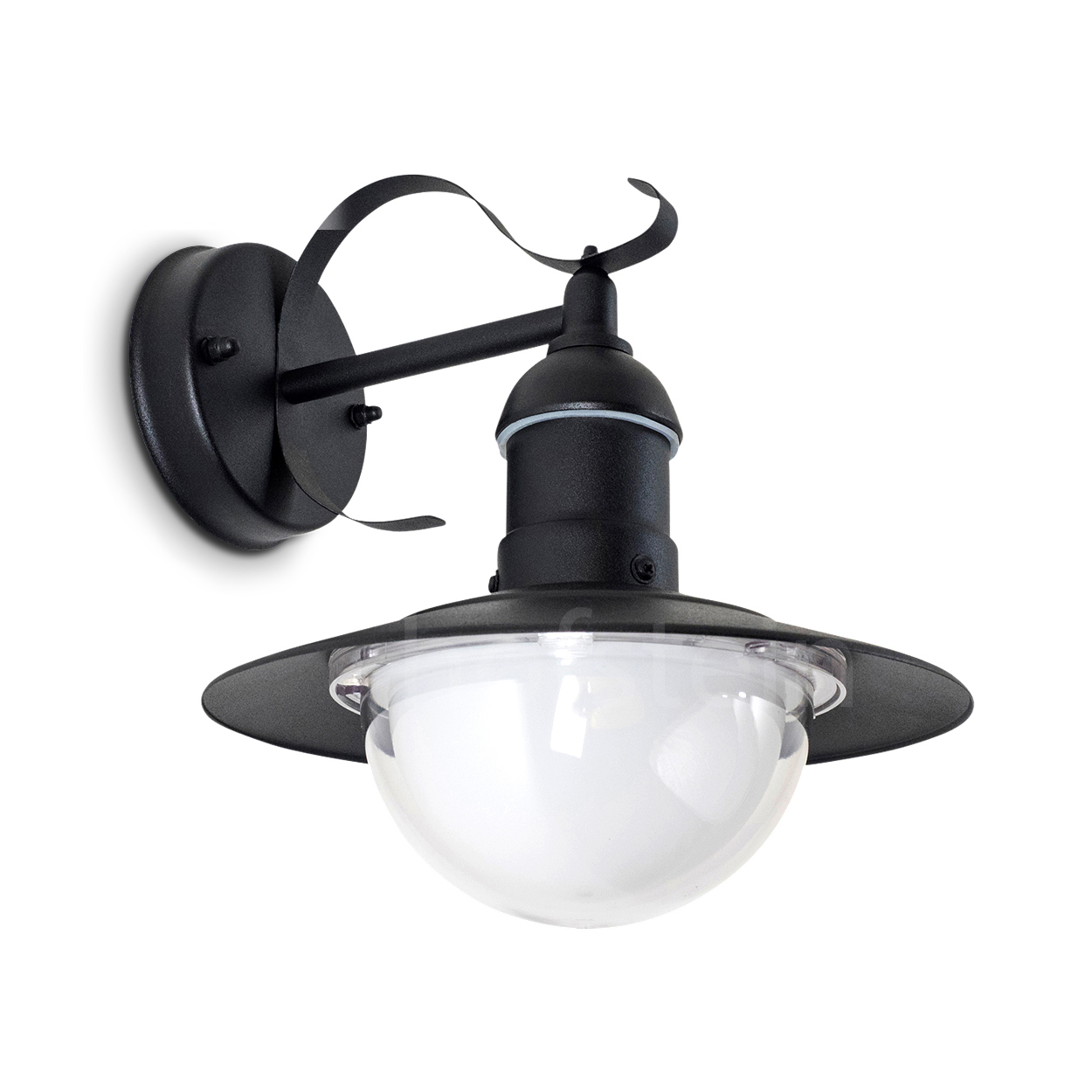 Eine schwarze Außenwandlampe. Sie hat eine runde Basis, einen gebogenen Arm und einen nach unten gerichteten, abgerundeten Glasschirm. Der Hintergrund ist weiß.