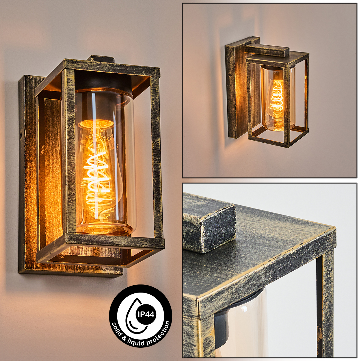 Eine Wandleuchte mit goldener Oberfläche und einem Glaszylinder, der eine Wendelglühbirne enthält. IP44-Schutzsymbol ist sichtbar.