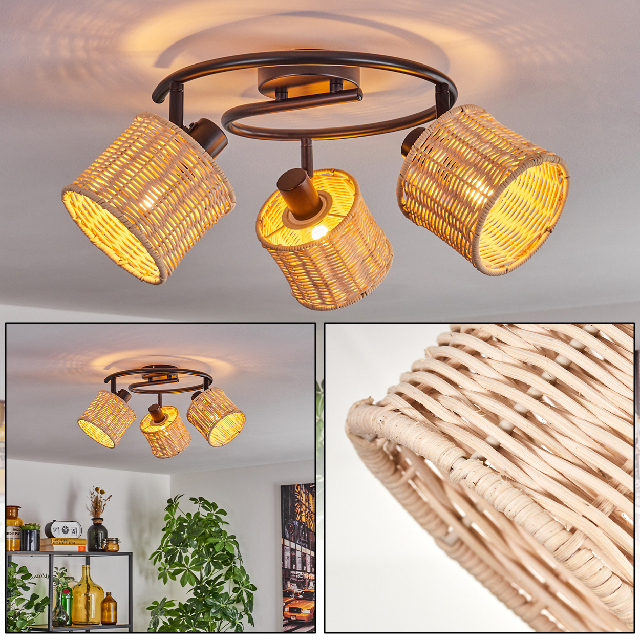 Eine Deckenleuchte mit drei gewebten Lampenschirmen. Die Leuchte ist aus schwarzem Metall und die Schirme sind beige. Die Decke ist weiß.