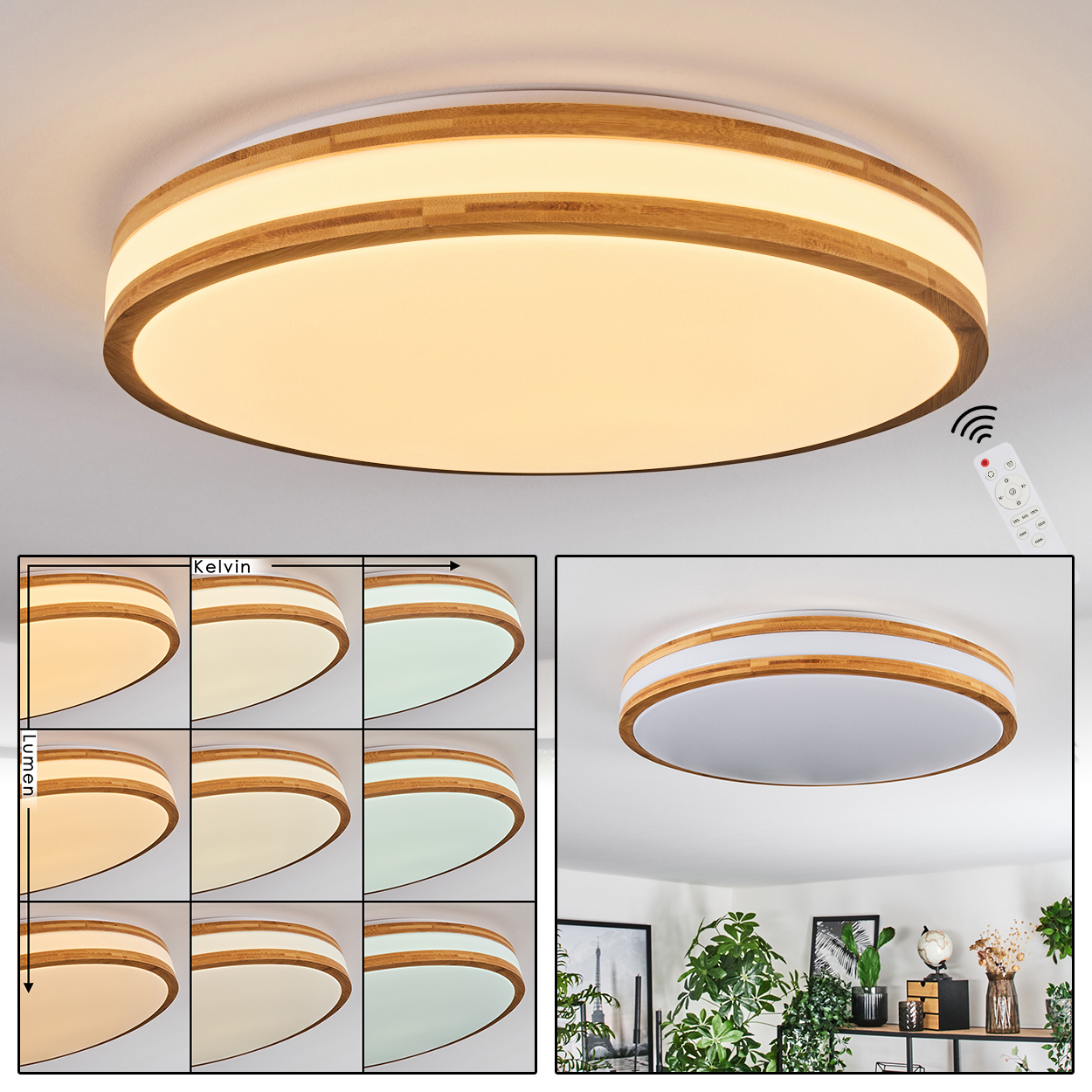 Eine runde Deckenleuchte mit Holzverkleidung und Fernbedienung. Verschiedene Lichteinstellungen werden in kleinen Kästchen gezeigt. Pflanzen sind im Hintergrund.