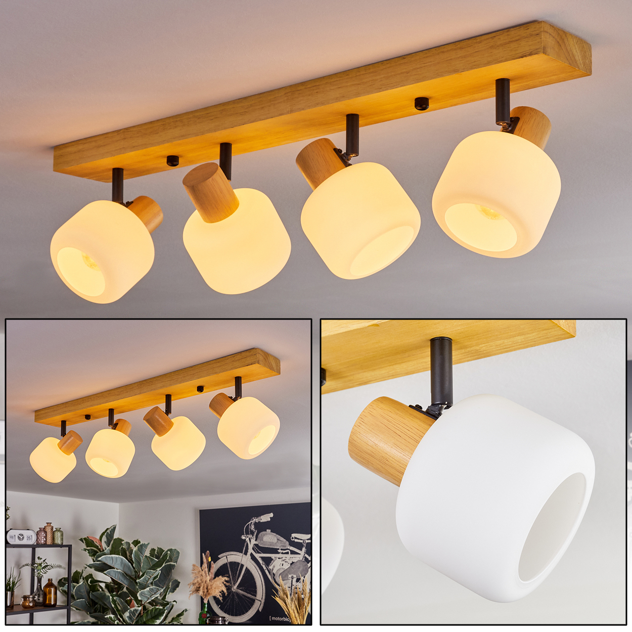 Eine Deckenleuchte aus Holz mit fünf weißen, abgerundeten Lampen. Jede Lampe hat einen Holzakzent und einen schwarzen Metallschaft.