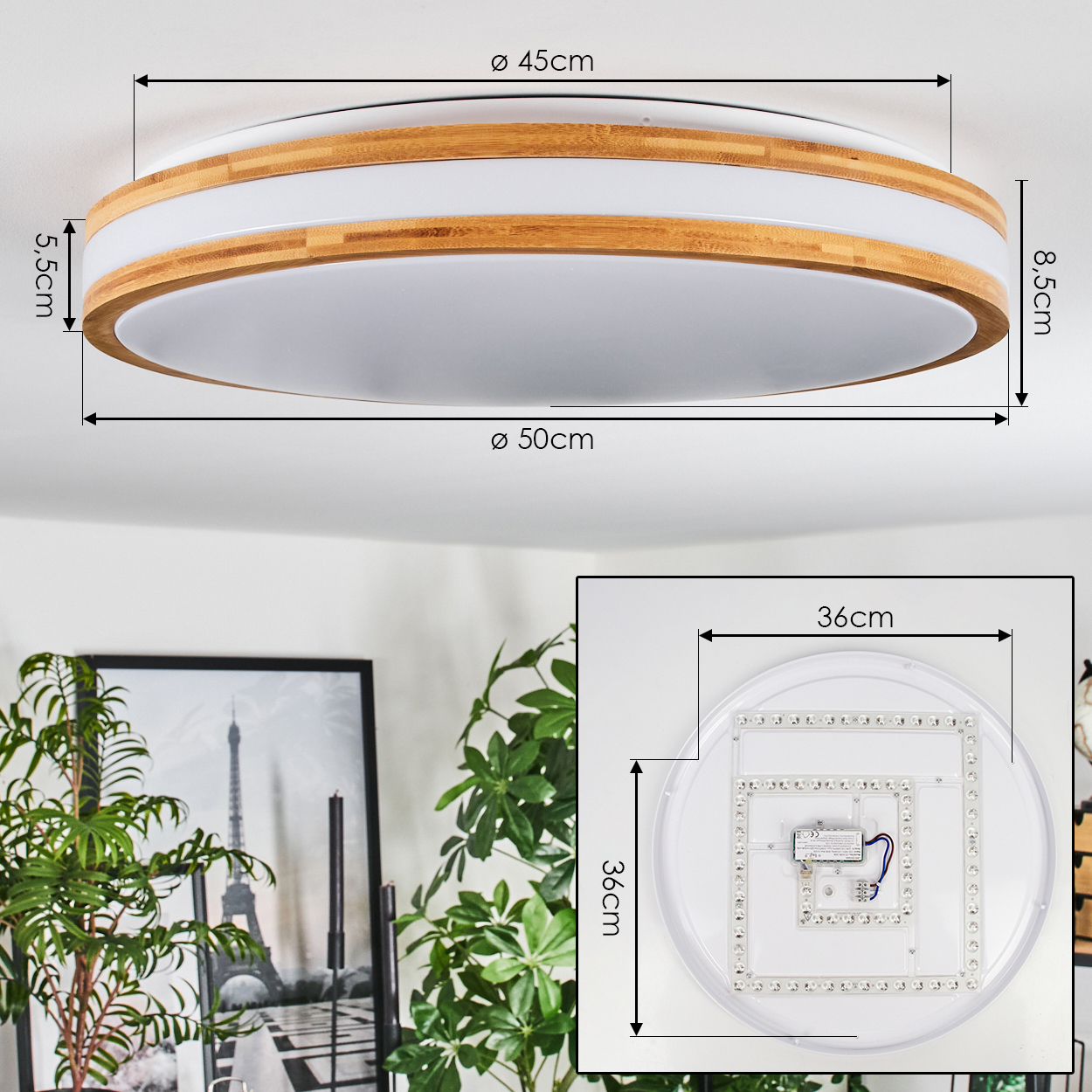 Eine Deckenlampe mit Holz- und Weiß-Design wird gezeigt. Maße sind angegeben. Pflanzen und ein gerahmtes Bild befinden sich im Hintergrund.
