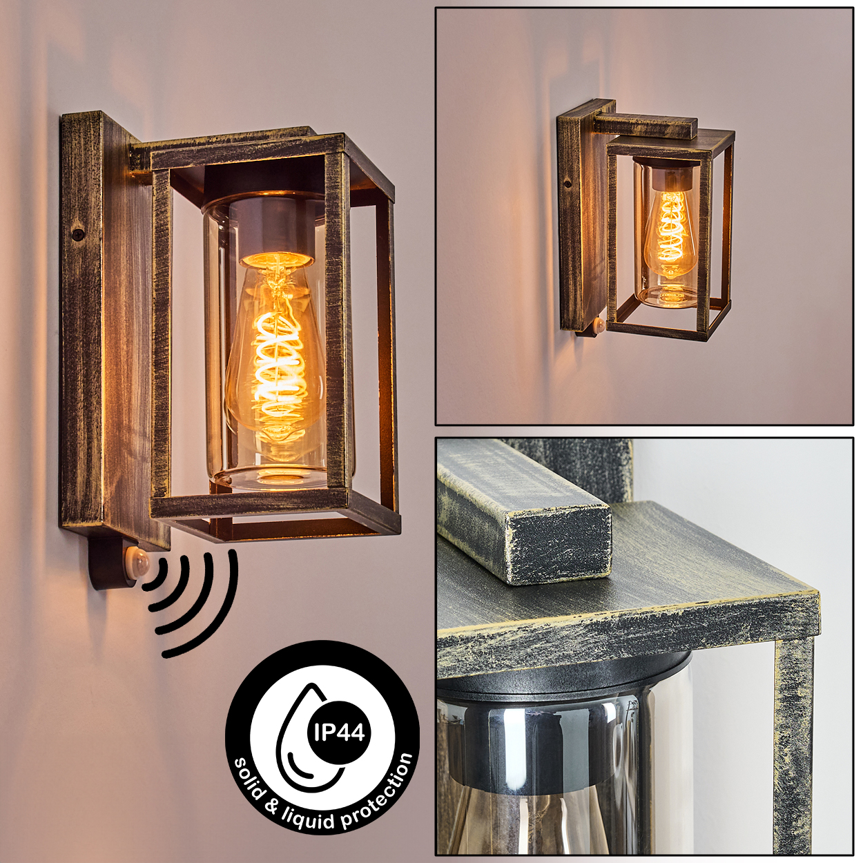 Eine Wand-Außenleuchte mit Käfigdesign, einem Glaszylinder und einer warmen Glühbirne. Die Lampe ist IP44-zertifiziert.