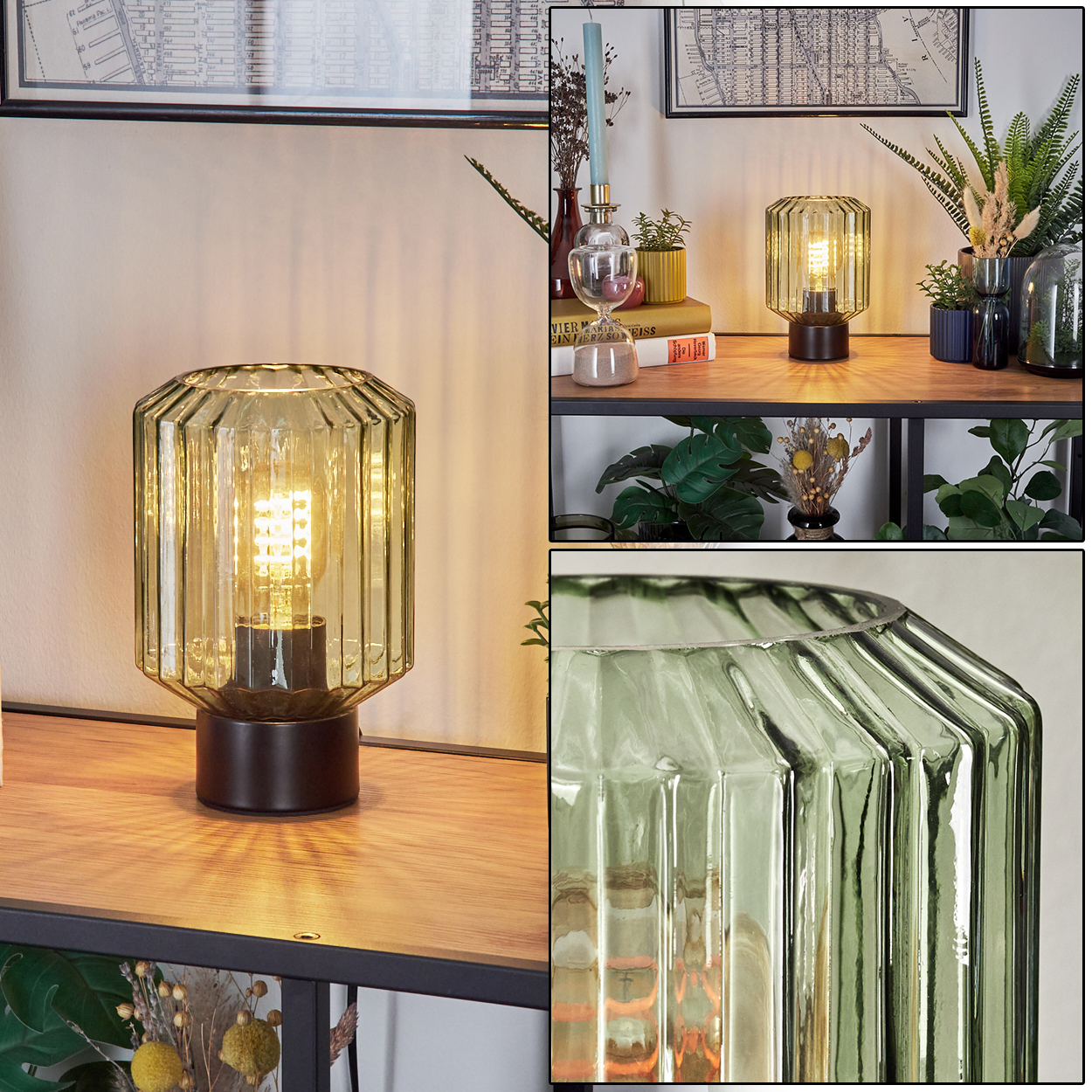 Eine dekorative Lampe mit geriffeltem Glasschirm, dunklem Sockel, auf einem Holzregal. Pflanzen und Karten im Hintergrund.