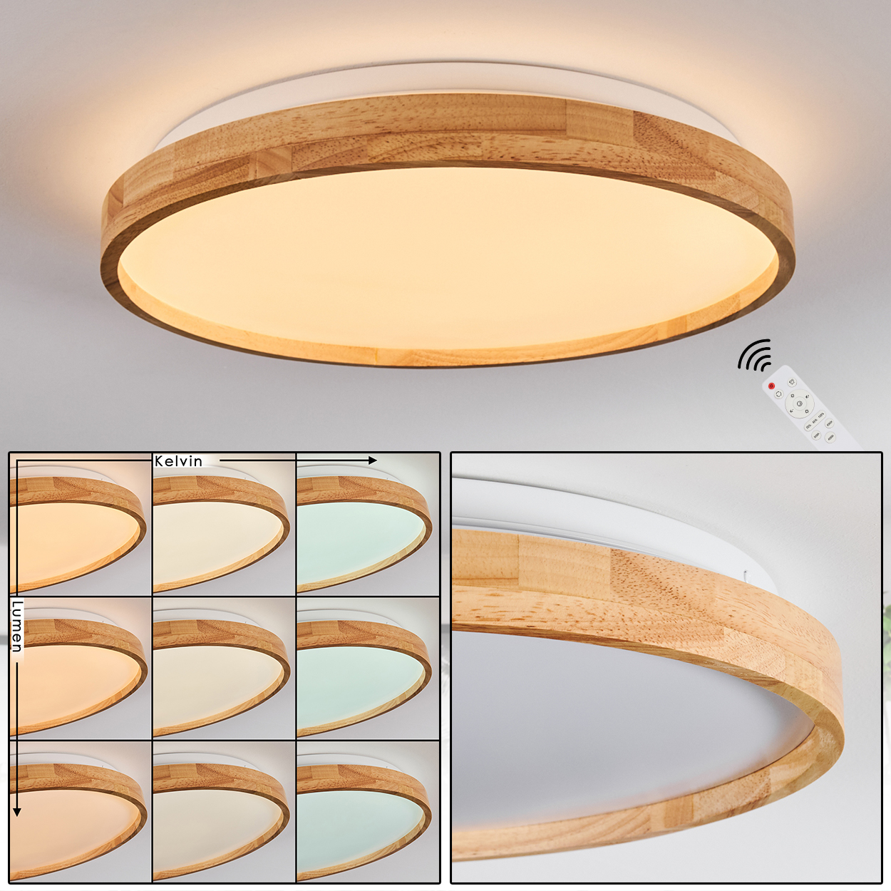 Runde Deckenlampe mit Holzrahmen, weißem Innenraum und Fernbedienung. Verschiedene Lichteinstellungen werden gezeigt. Hintergrund ist eine weiße Decke.