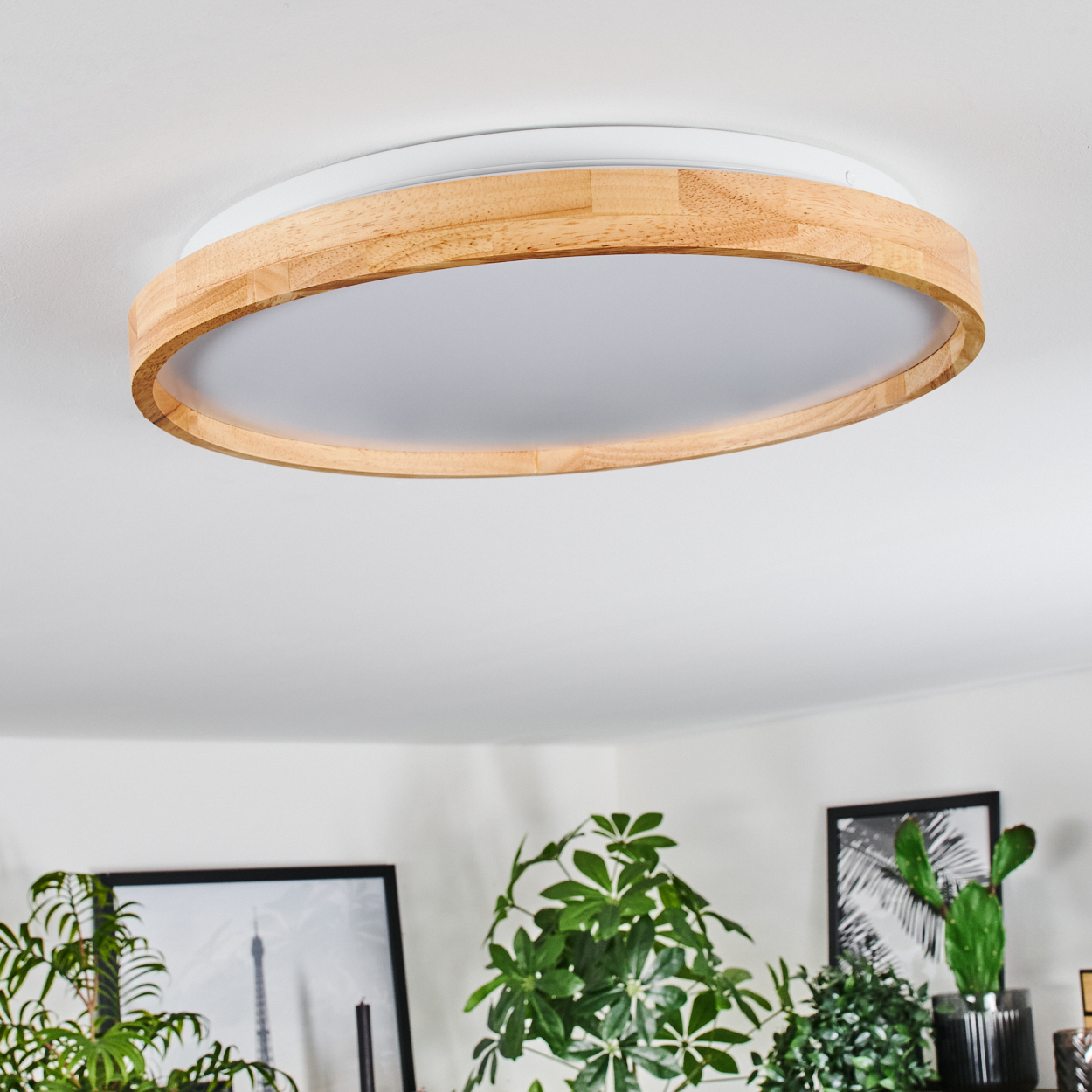 Eine Deckenleuchte mit Holzring und weißem Diffusor ist an einer weißen Decke montiert. Darunter grüne Pflanzen und Bilder.