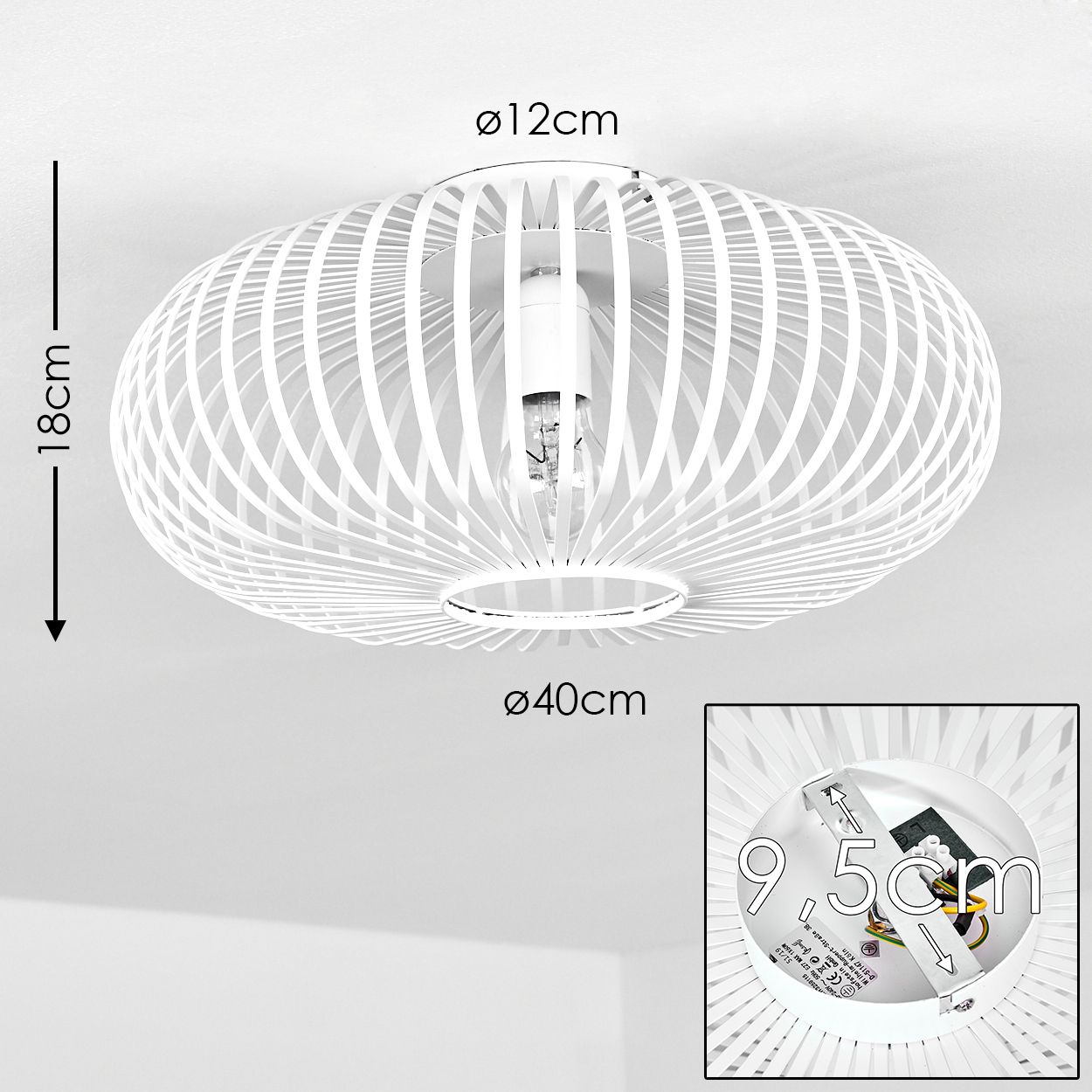 Eine weiße, ovale Deckenlampe mit käfigartigem Design. Abmessungen sind angegeben. Ein kleinerer Einsatz zeigt die Innenverdrahtung der Lampe.