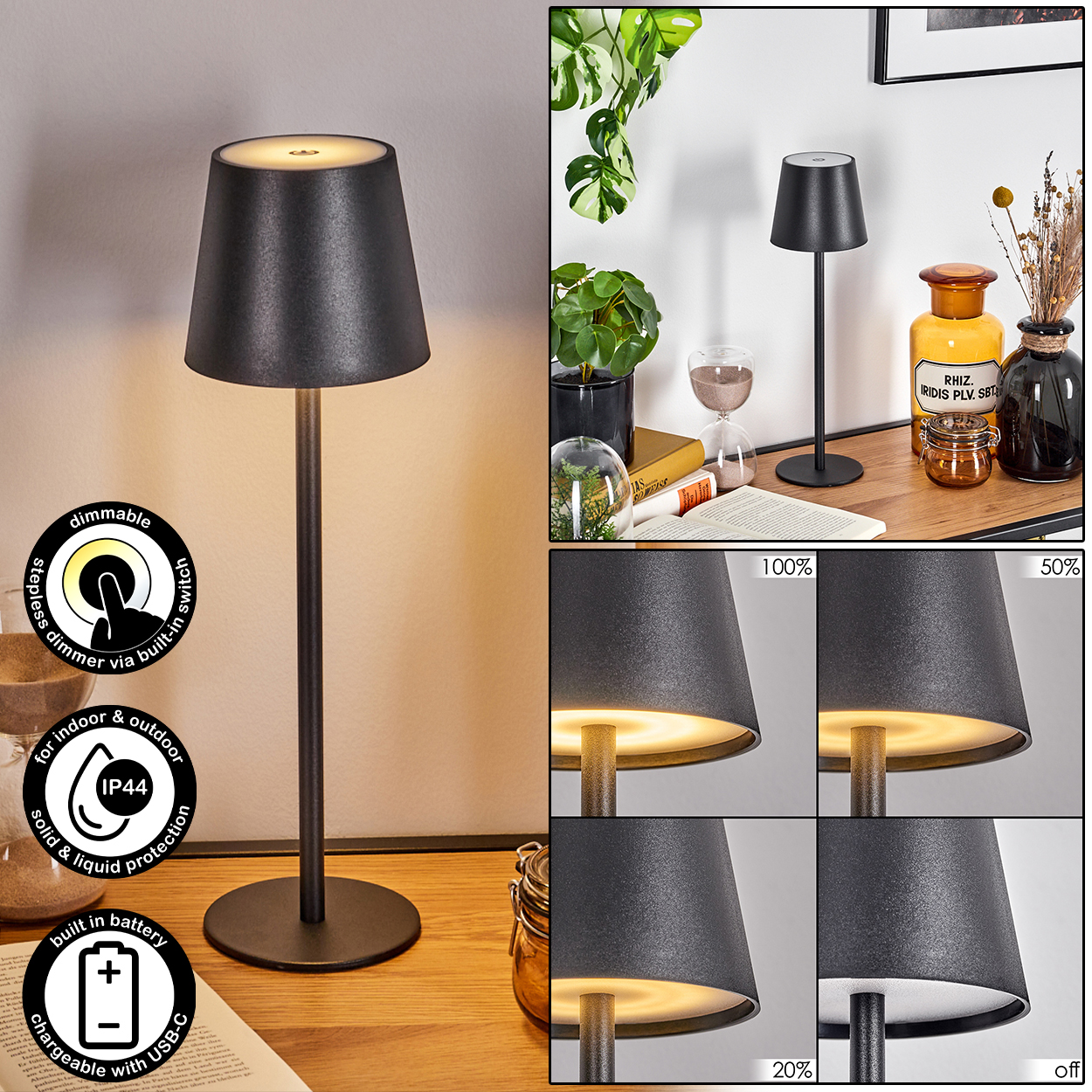 Eine schwarze Tischlampe mit Lampenschirm steht auf einer Holzoberfläche. Sie zeigt verschiedene Lichtintensitäten. Andere Objekte sind im Hintergrund.