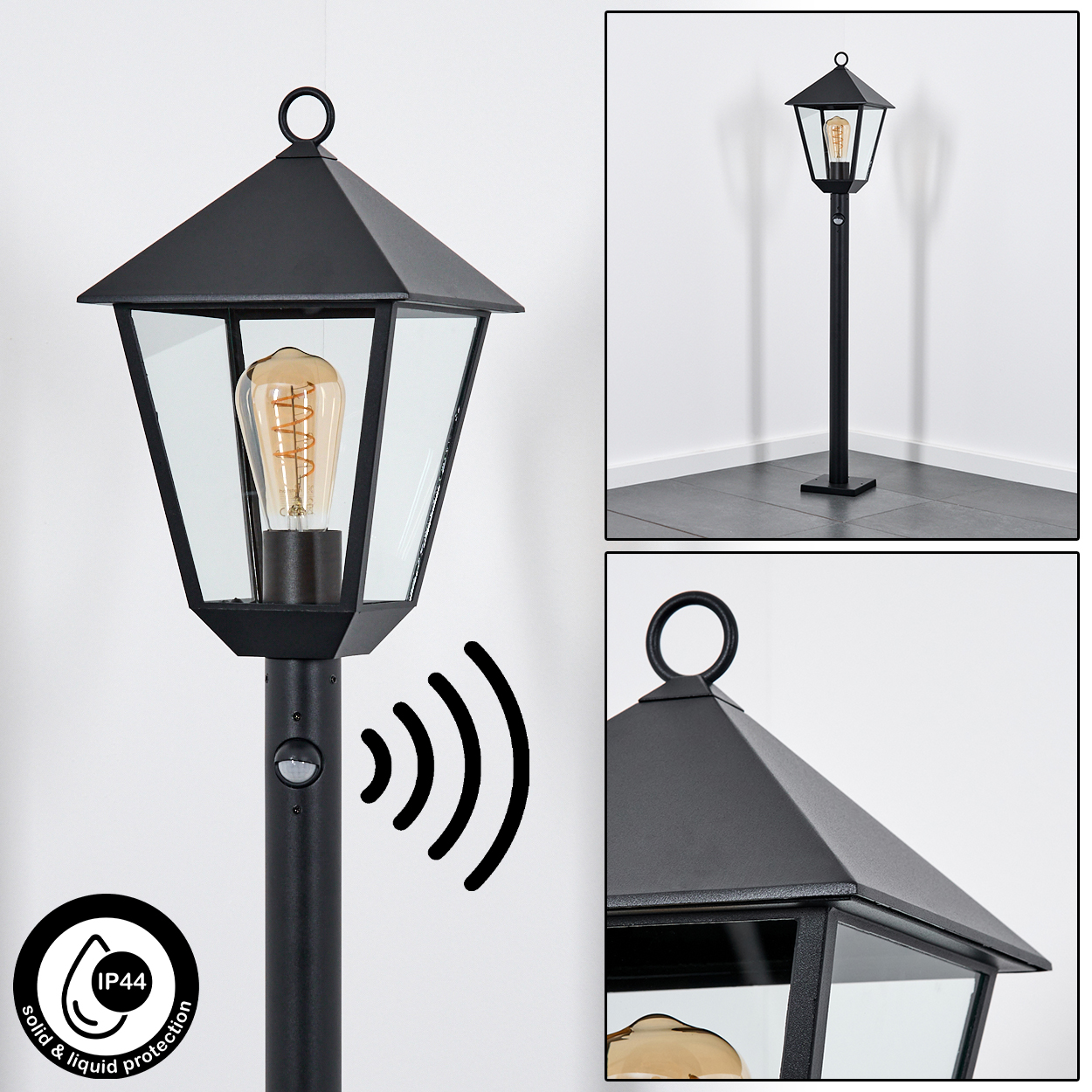 Schwarze Außenlampe mit Glasgehäuse und sichtbarer Glühbirne. Sie hat einen Bewegungsmelder und Schutzart IP44.