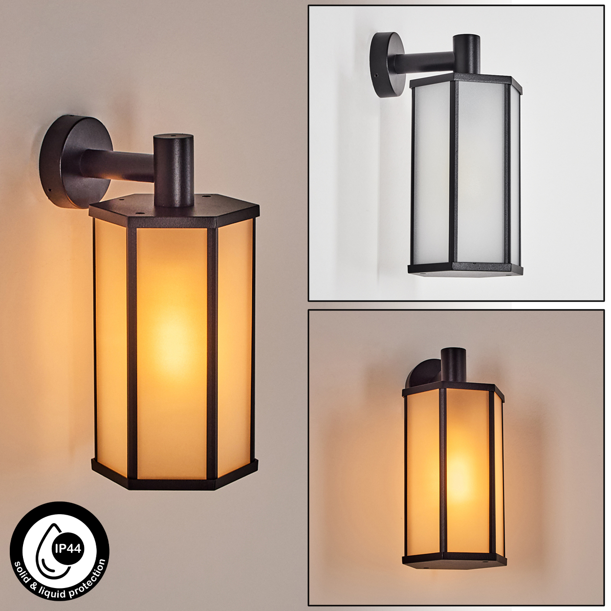 Drei schwarze Außenlampen mit IP44-Symbol. Jede Lampe hat einen sechseckigen Schirm aus mattiertem Glas und warmes Licht.