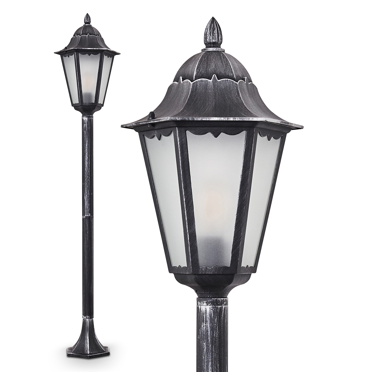 Zwei schwarze und silberne Außenlampen auf weißem Hintergrund. Eine ist in voller Ansicht, die andere eine Nahaufnahme.