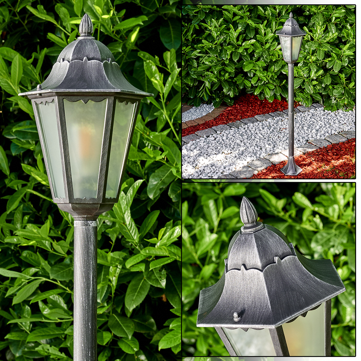 Eine dekorative Außenlampe. Sie steht auf einem Weg aus weißen Steinen, umgeben von Grün.