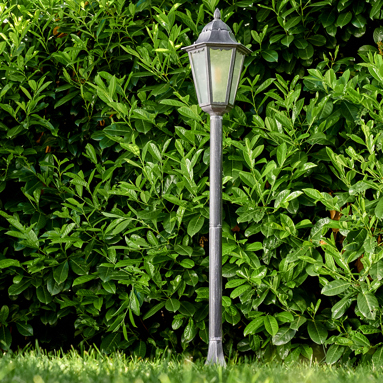 Eine graue Straßenlaterne steht vor einer dichten, grünen Hecke. Im Vordergrund befindet sich Gras. Die Straßenlaterne hat eine Laterne oben.