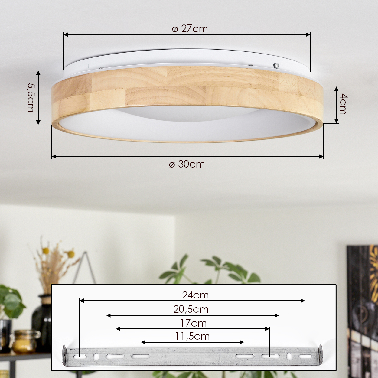 Deckenlampe mit Holz- und weißen Elementen. Abmessungen sind angegeben. Eine Metallhalterung ist unten abgebildet. Hintergrund mit Pflanzen.