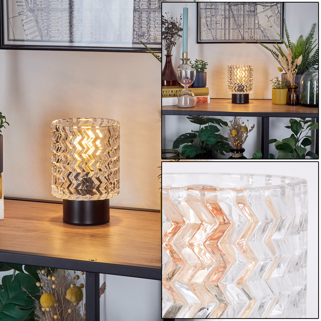 Eine dekorative Tischlampe mit einem Zickzack-Muster Glasschirm, schwarzem Sockel, auf einem Holzregal mit Karten und Pflanzen im Hintergrund.