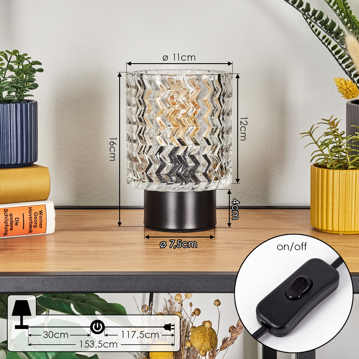 Eine dekorative Lampe mit Glasschirm steht auf einer Holzoberfläche. Abmessungen sind beschriftet. Weitere Deko: Pflanzen und ein Schalter.