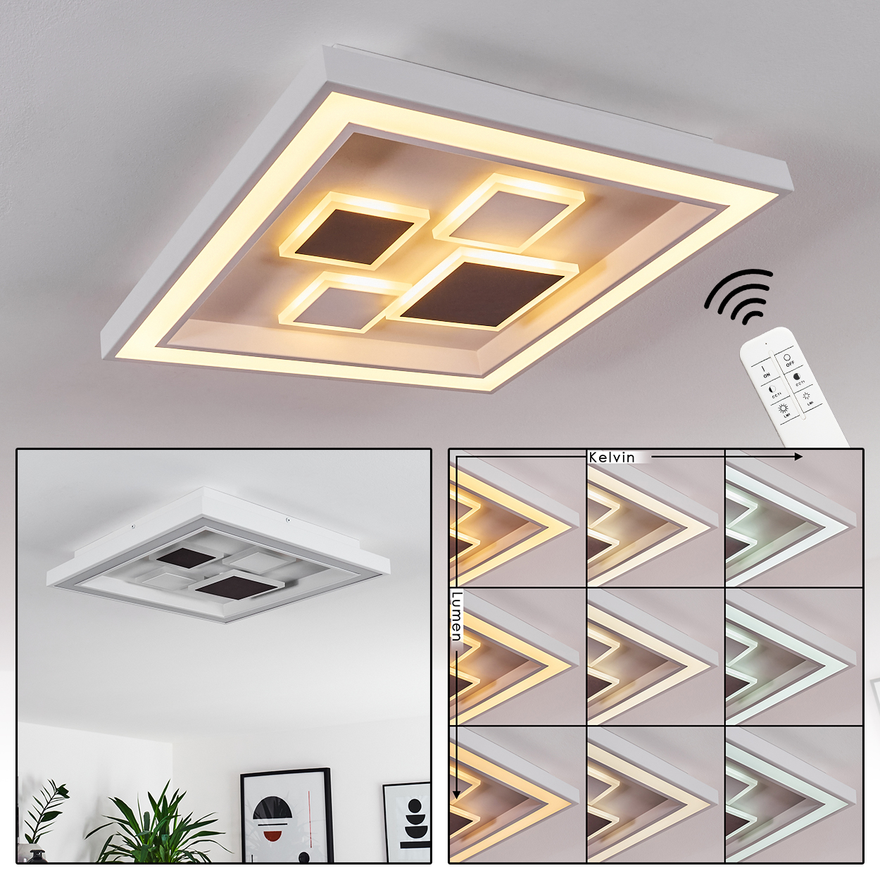 Eine weiße Deckenleuchte mit quadratischem Design, Fernbedienung und Optionen für Lichtfarbe/Helligkeit. Zusätzliche Raumansicht und Farbtemperaturdiagramme.