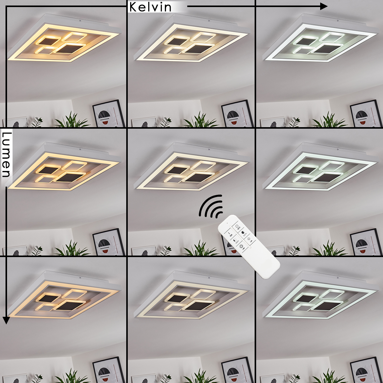Eine Deckenleuchte mit einstellbaren Kelvin- und Lumen-Einstellungen. Eine Fernbedienung ist vorhanden. Das Licht hat ein geometrisches Design und wird in verschiedenen Farbtemperaturen gezeigt.