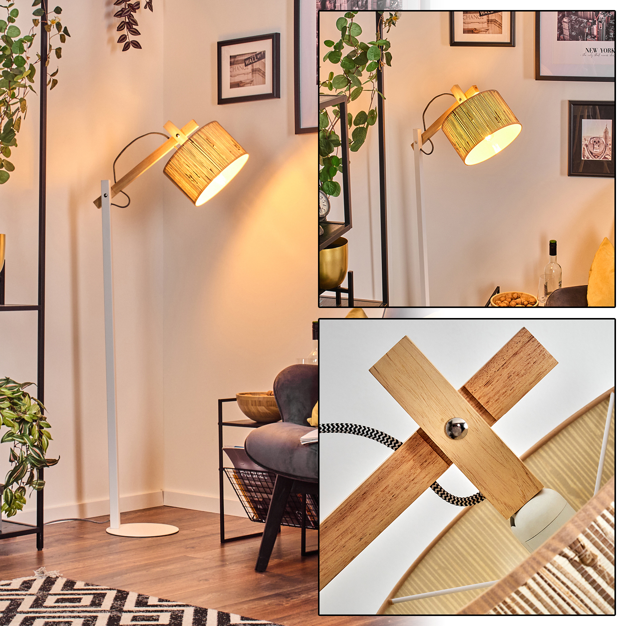 Eine moderne Stehlampe mit Holzschirm und Rahmen, die einen Raum mit Stuhl, Bildern und Pflanzen beleuchtet.