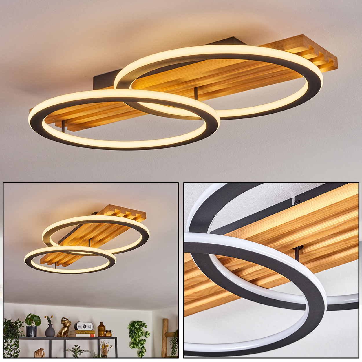 Moderne Deckenleuchte mit zwei sich kreuzenden kreisförmigen Lichtern, vor Holzbrettern. Der Hintergrund ist eine schlichte weiße Decke.