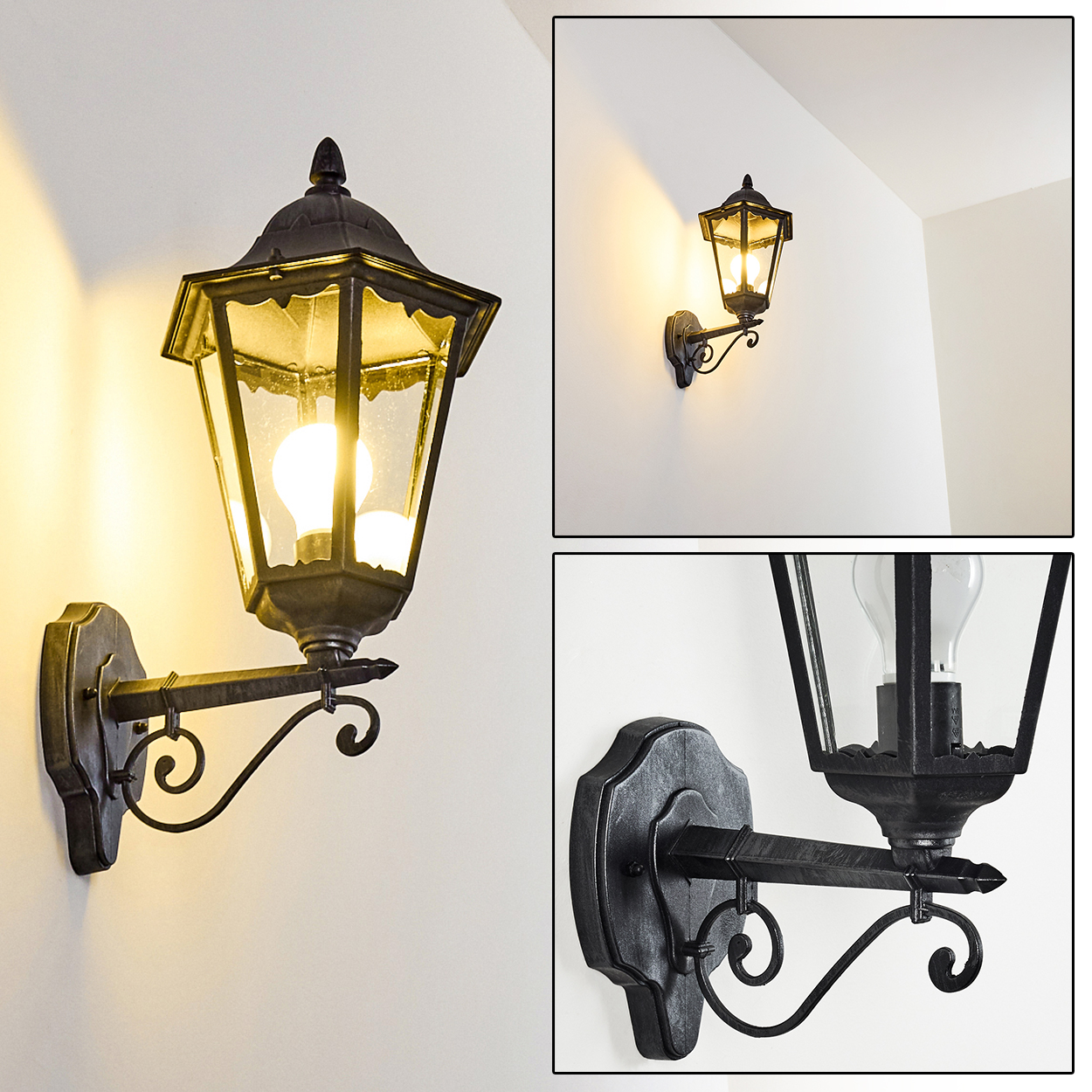 Schwarze Eisen-Wandlampe mit Glasscheiben und einer leuchtenden Glühbirne, an einer weißen Wand montiert, drei verschiedene Ansichten.