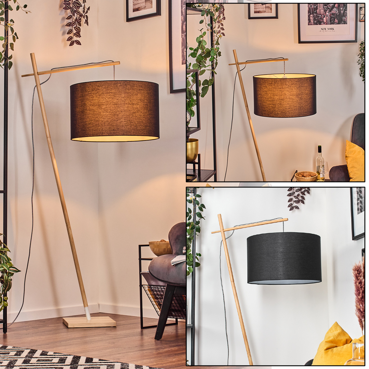 Eine Stehlampe aus Holz mit schwarzem Lampenschirm steht in einem Raum. Ein Stuhl, Bilder und Pflanzen befinden sich im Hintergrund.