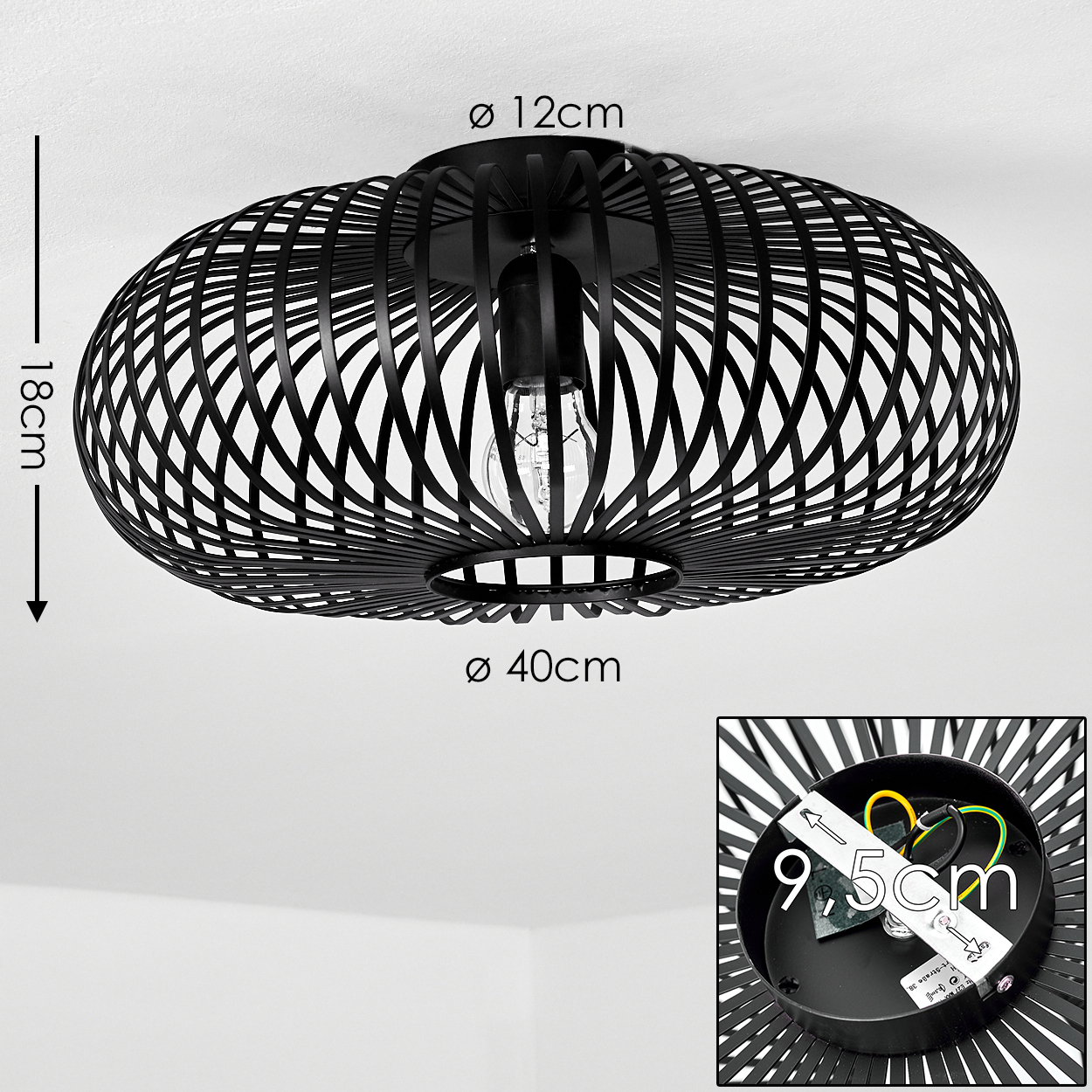Eine schwarze, ovale Deckenlampe. Sie besteht aus dünnen, gebogenen Metallstäben. Abmessungen sind beschriftet: 40cm Durchmesser, 18cm Höhe und 12cm Basisdurchmesser.