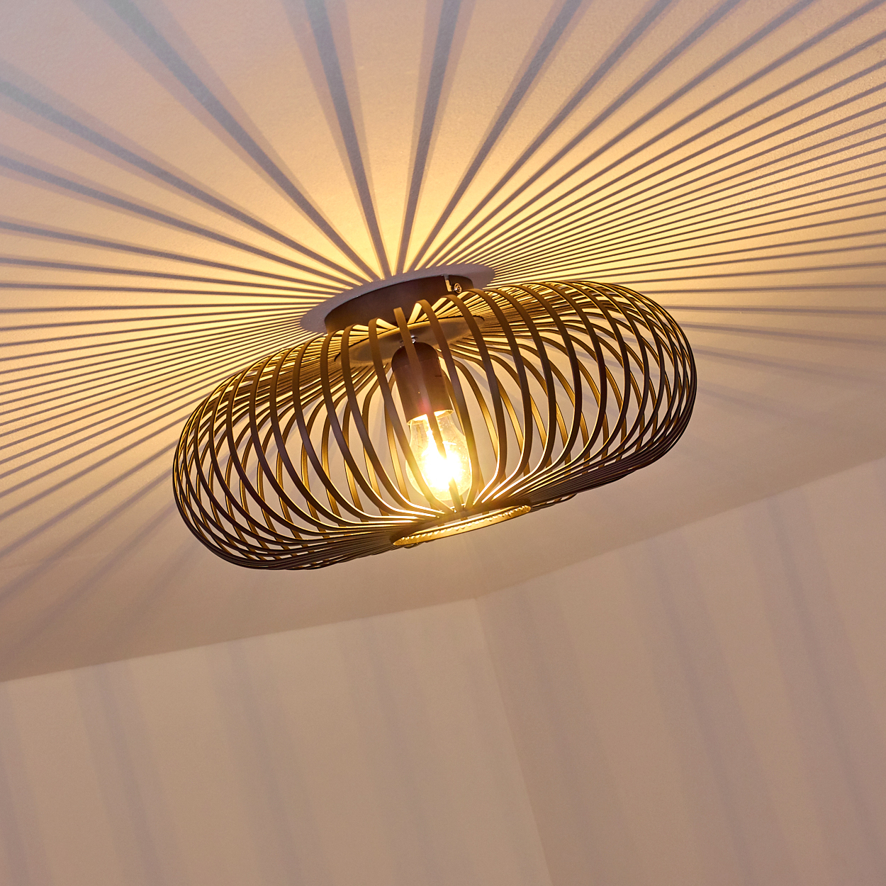 Eine Deckenleuchte mit käfigartigem Design. Das Licht wirft radiale Schatten an die Decke. Im Inneren der Leuchte leuchtet eine Glühbirne.