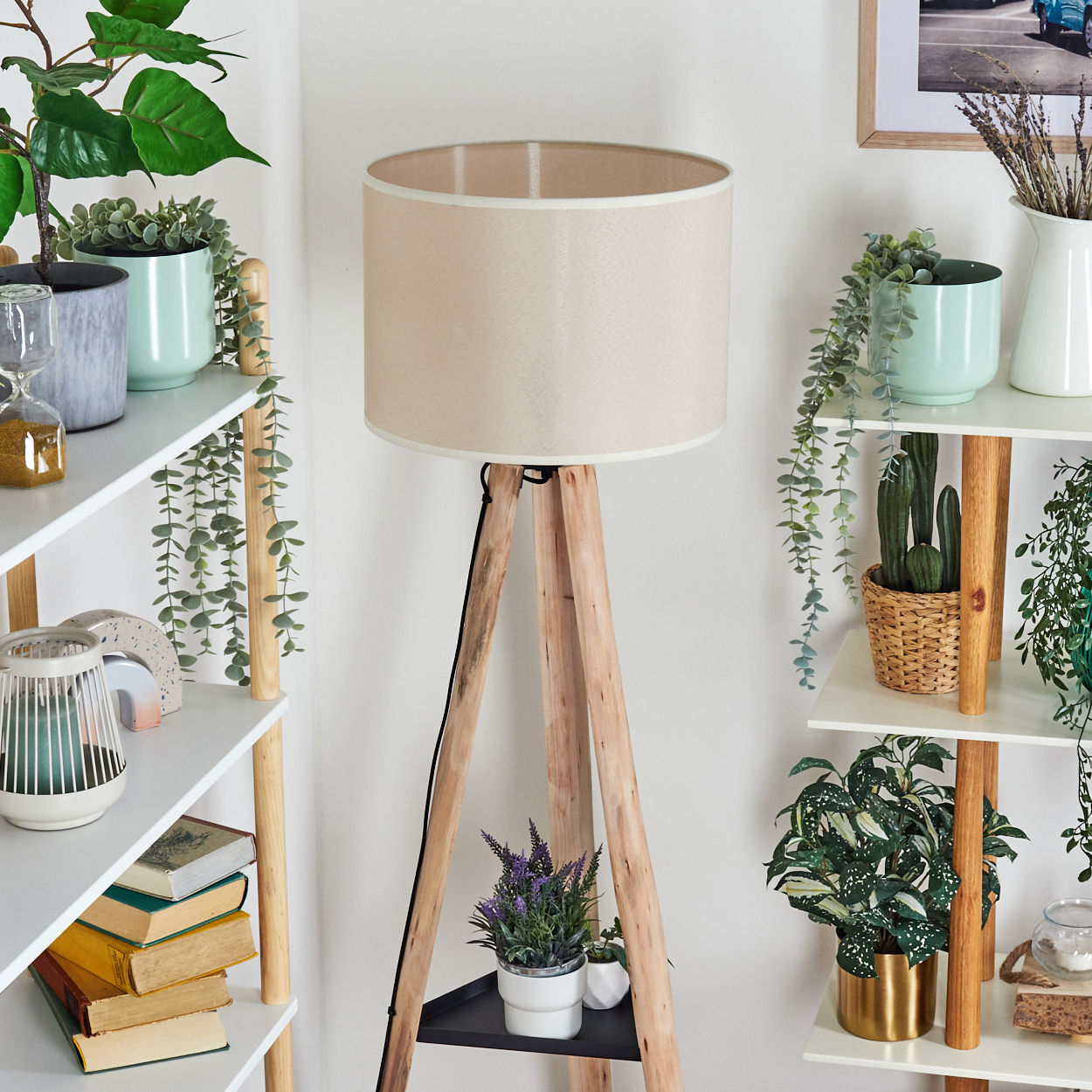 Eine beige Lampe steht auf einem Holzstativ. Regale zeigen Pflanzen, Bücher und Dekorationsartikel vor einer weißen Wand.