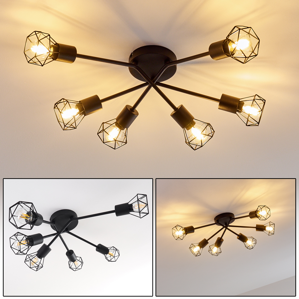 Schwarze Deckenleuchte mit sechs Glühbirnen. Jede Glühbirne ist in einem geometrischen Metallkäfig eingeschlossen und strahlt warm.